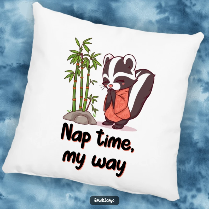Funny Skunk Kimono Pillow featuring a polite skunk in a kimono bowing beside a miniature bamboo grove.