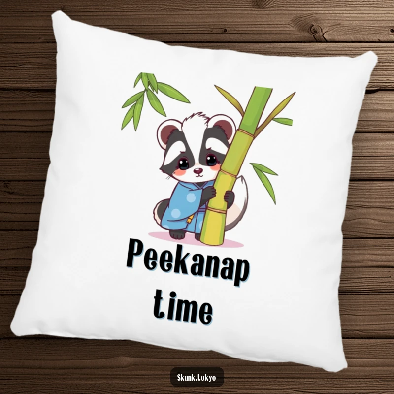 Funny kawaii skunk pillow, in a blue kimono, playfully peeking from behind bamboo, a comfortable and humorous decorative accent.