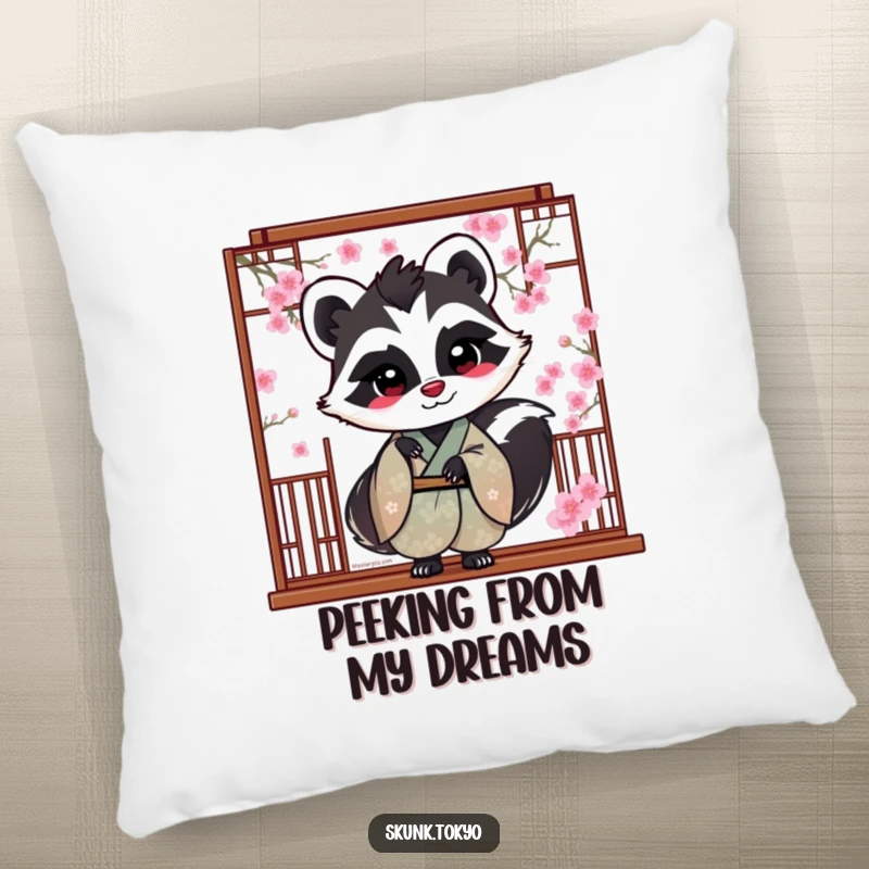 Funny Skunk Pillow: A skunk in a silk kimono playfully peeks from behind cherry blossoms, bringing cozy charm.