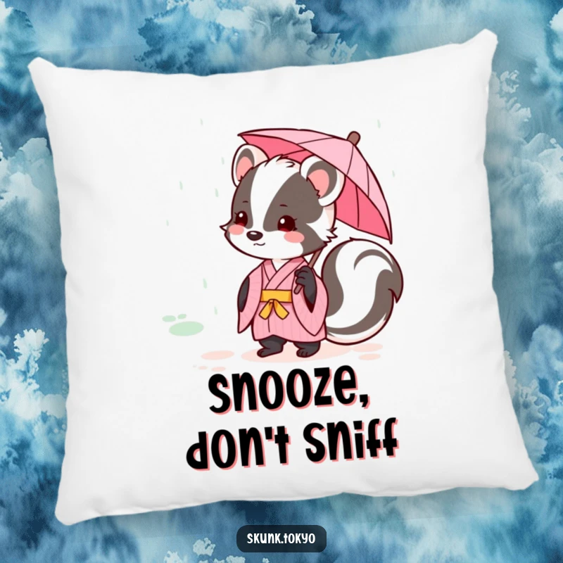 Funny kawaii skunk wearing a pink kimono, holding a tiny umbrella in gentle rain, soft and decorative pillow.
