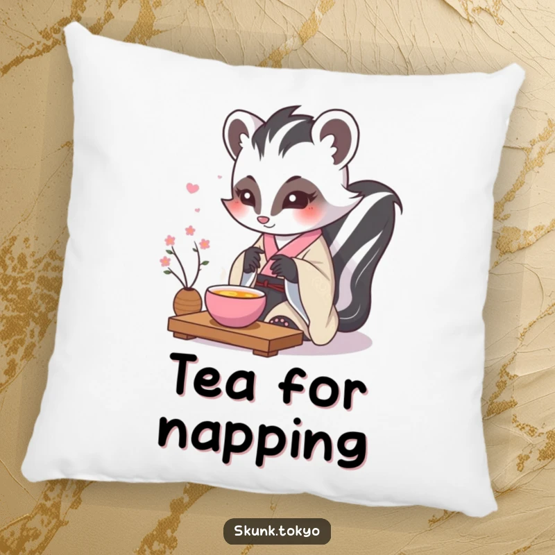 Funny kawaii skunk pillow, in a formal kimono, performing a delicate tea ceremony, a comfortable and humorous decorative accent.