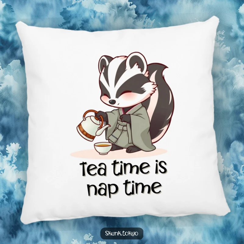 Funny Skunk Pillow: A skunk in a kimono carefully pours tea from a miniature kettle, bringing cozy serenity and humor.
