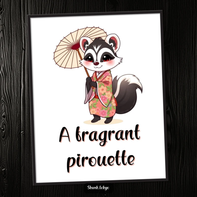 Funny Skunk Digital Art Print: A skunk in a floral kimono twirls a parasol, offering instant, chic wall decor.