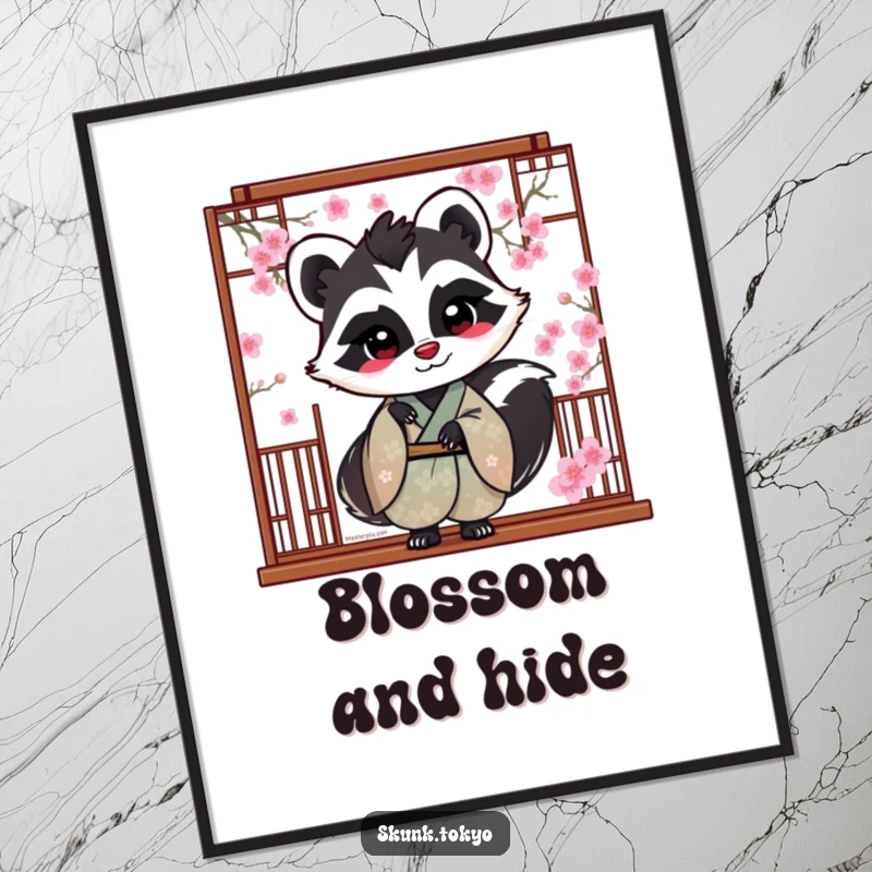 Funny Skunk Digital Art Print: A skunk in a silk kimono peeks from behind cherry blossoms, offering instant, playful wall decor.