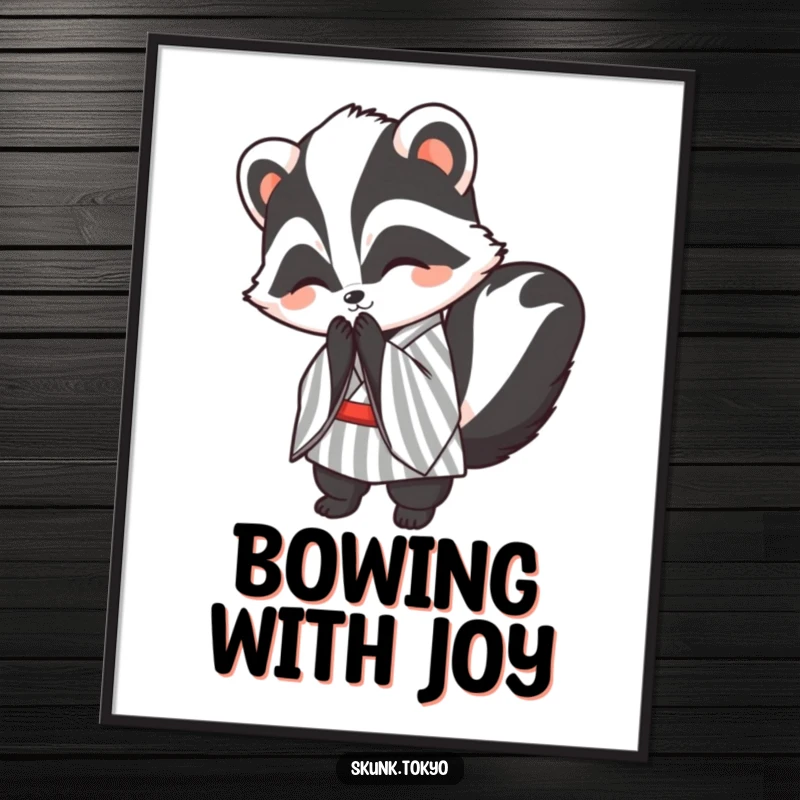 Funny kawaii skunk digital art print, wearing a striped kimono, bowing politely with a smile, heartwarming and humorous wall art.