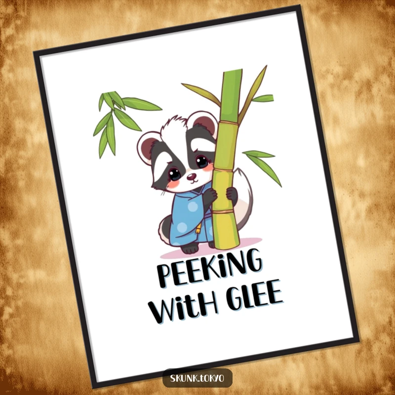 Funny kawaii skunk digital art print, wearing a blue kimono, playfully peeking from behind bamboo, whimsical and humorous wall art.