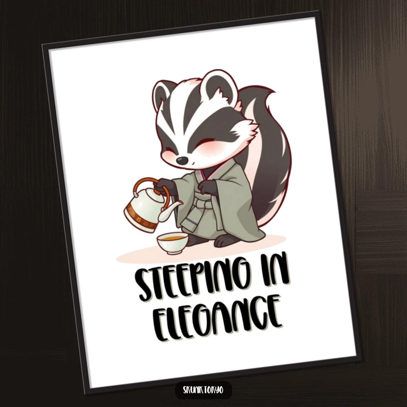 Funny Skunk Digital Art Print: A skunk in a kimono carefully pours tea from a miniature kettle, offering instant, elegant wall decor.