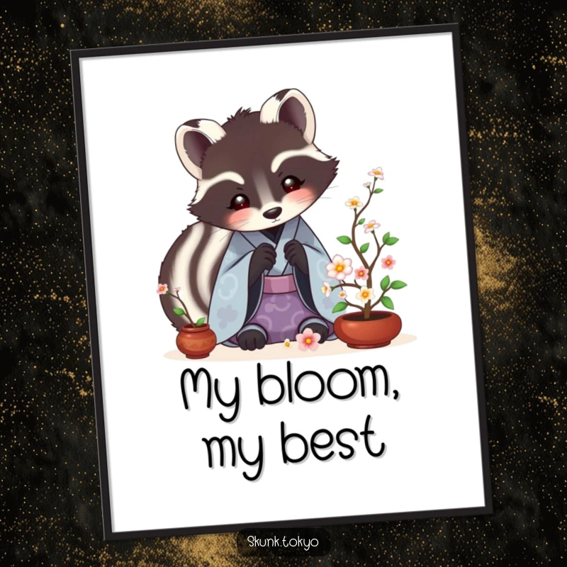 Funny Skunk Ikebana Digital Art Print featuring a skunk in a kimono meticulously arranging tiny flowers, a humorous art download.