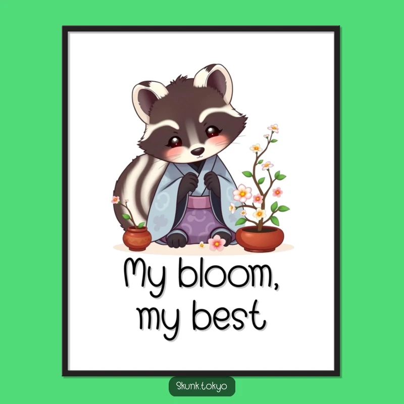Funny Skunk Ikebana Digital Art: Artistic Kimono Flower Print, Unique Funny Gift