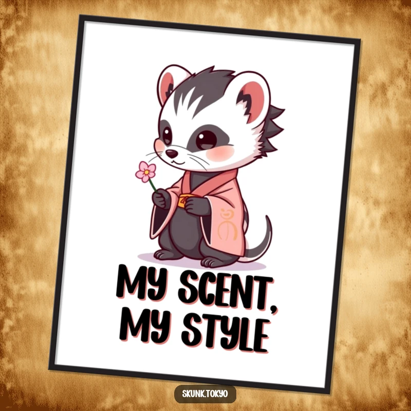 Funny skunk wearing a kimono, offering a delicate flower, humorous digital art print for instant wall decor.