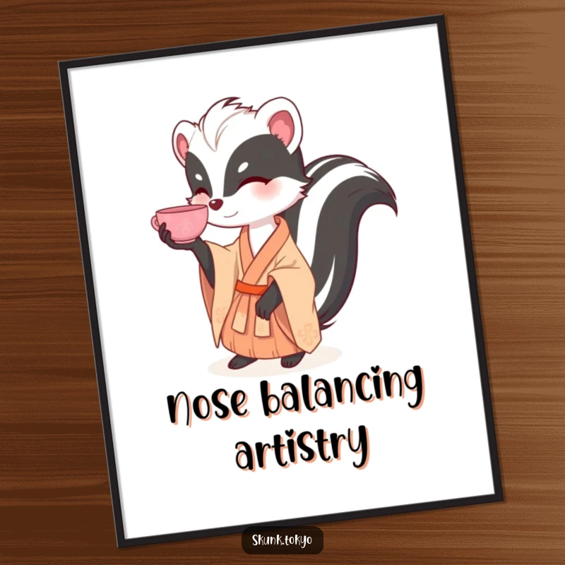 Funny digital art print of a skunk in a kimono balancing a tea cup, instantly downloadable for elegant home decor.