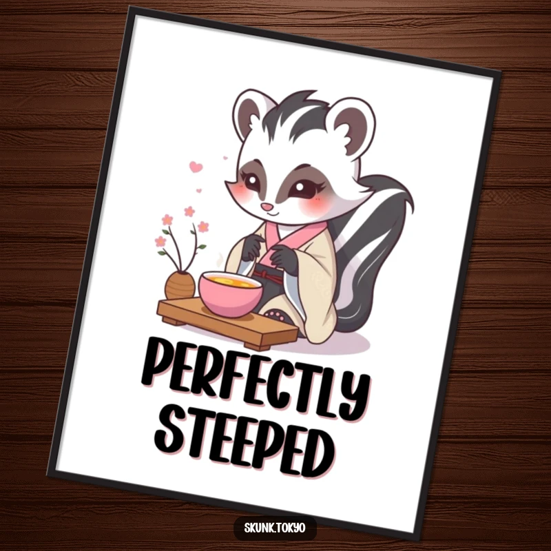 Funny kawaii skunk digital art print, in a formal kimono, performing a delicate tea ceremony, elegant and humorous wall decor.