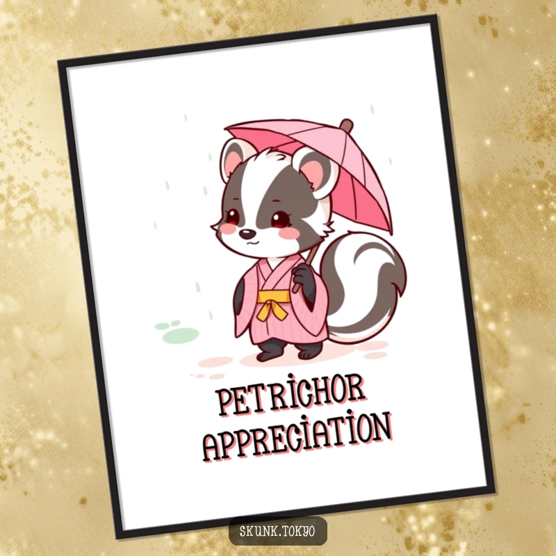 Funny kawaii skunk in a pink kimono holding a tiny umbrella in gentle rain, printable digital art, cute decor.