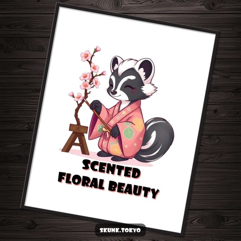 Funny digital art print of a skunk in a kimono painting cherry blossoms, instantly downloadable for artistic home decor.