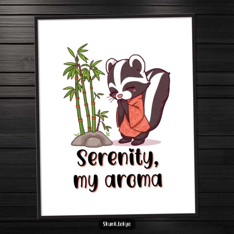 Funny Skunk Kimono Digital Art Print showing a skunk in a kimono bowing politely near a small bamboo grove.