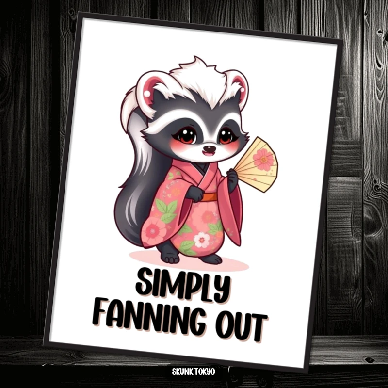Funny kawaii skunk digital art print, wearing a vibrant floral kimono and holding a fan, elegant and humorous wall decor.
