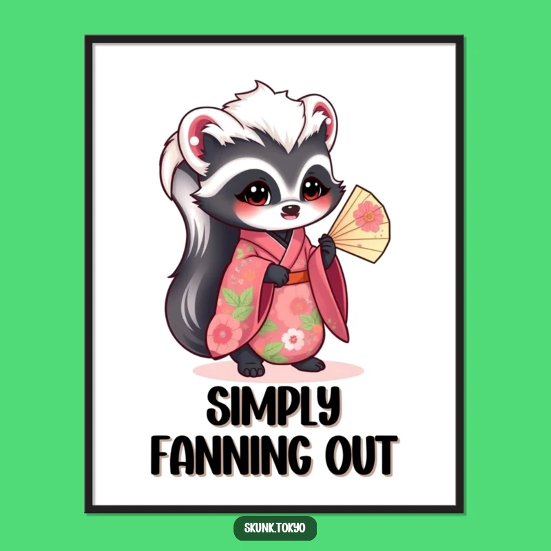 Funny Kawaii Skunk Digital Art: Floral Kimono Grace, Instant Humorous Decor