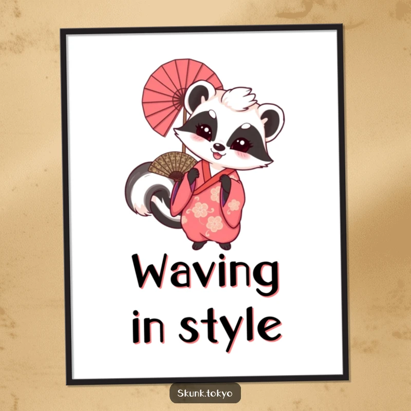 Funny digital art print of a skunk in a kimono playfully waving a large fan, instantly downloadable for festive home decor.