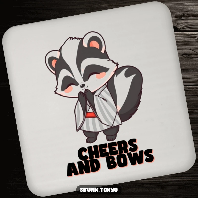 Funny kawaii skunk drink coaster, in a striped kimono, bowing politely with a smile, a chic and humorous accessory.