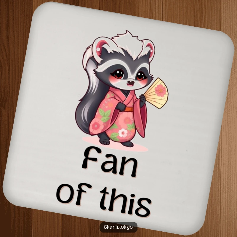 Funny kawaii skunk drink coaster, adorned in a vibrant floral kimono and holding a fan, a chic and humorous accessory.