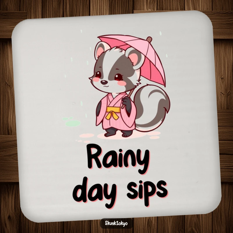 Funny kawaii skunk in a pink kimono holding a tiny umbrella, cute drink coaster, protects surfaces from moisture.