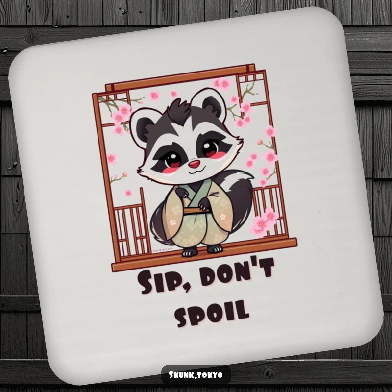 Funny Skunk Coaster: A skunk in a silk kimono peeks from behind cherry blossoms, adding cute humor to drinks.