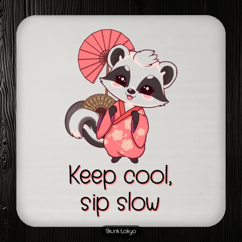 Funny drink coaster with a skunk in a kimono playfully waving a large fan, adding festive humor to beverage placement.