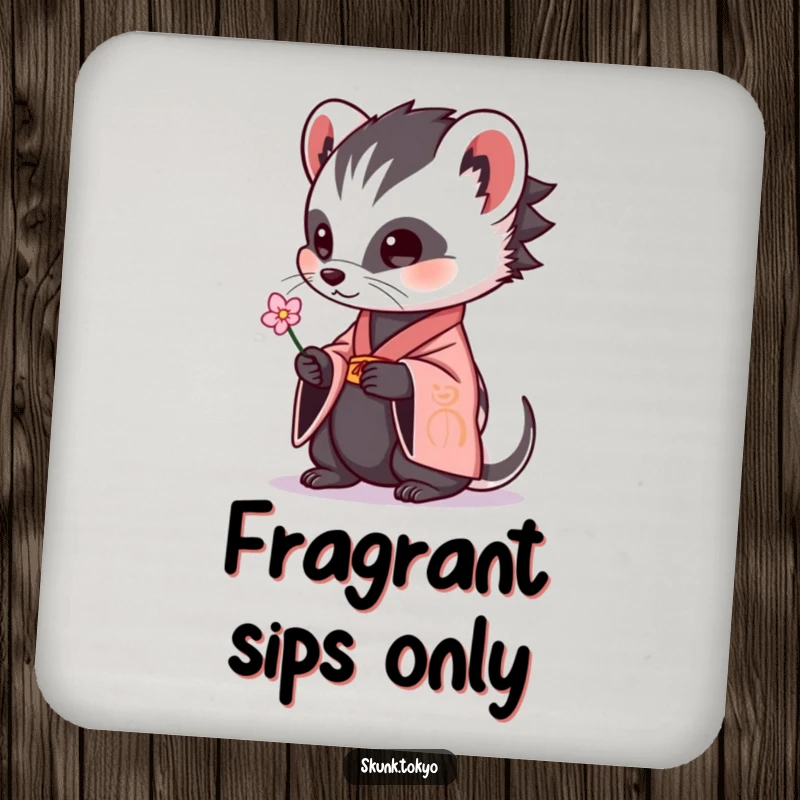 Funny skunk in a kimono offering a flower on a drink coaster, a humorous and practical home accessory.