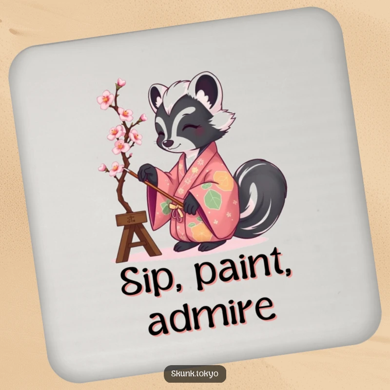 Funny drink coaster with a skunk in a vibrant kimono painting cherry blossoms, adding artistic humor to beverage placement.