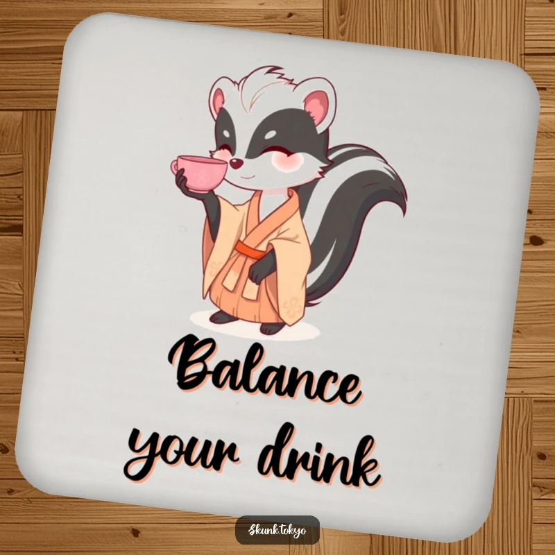 Funny drink coaster with a skunk in a kimono balancing a tea cup, adding elegant humor to beverage placement.