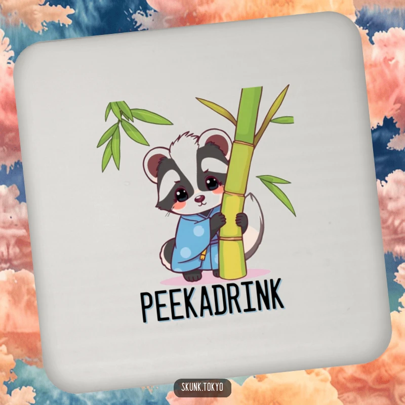 Funny kawaii skunk drink coaster, in a blue kimono, playfully peeking from behind bamboo, a chic and humorous accessory.