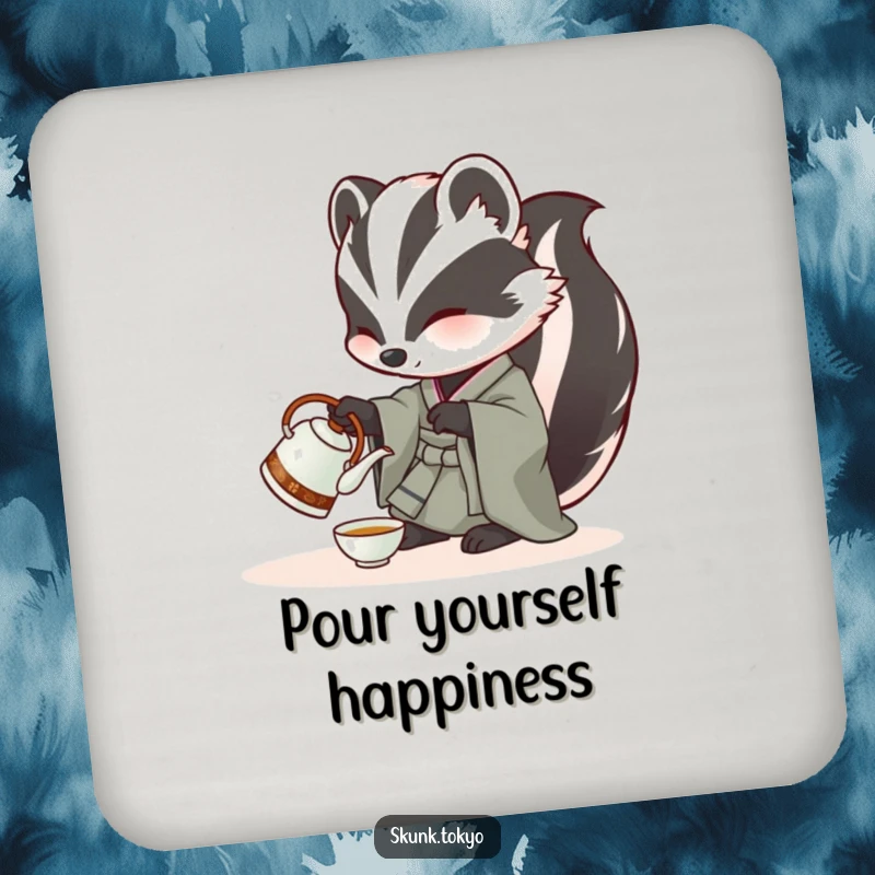 Funny Skunk Coaster: A skunk in a kimono carefully pours tea from a miniature kettle, adding elegant humor to drinks.
