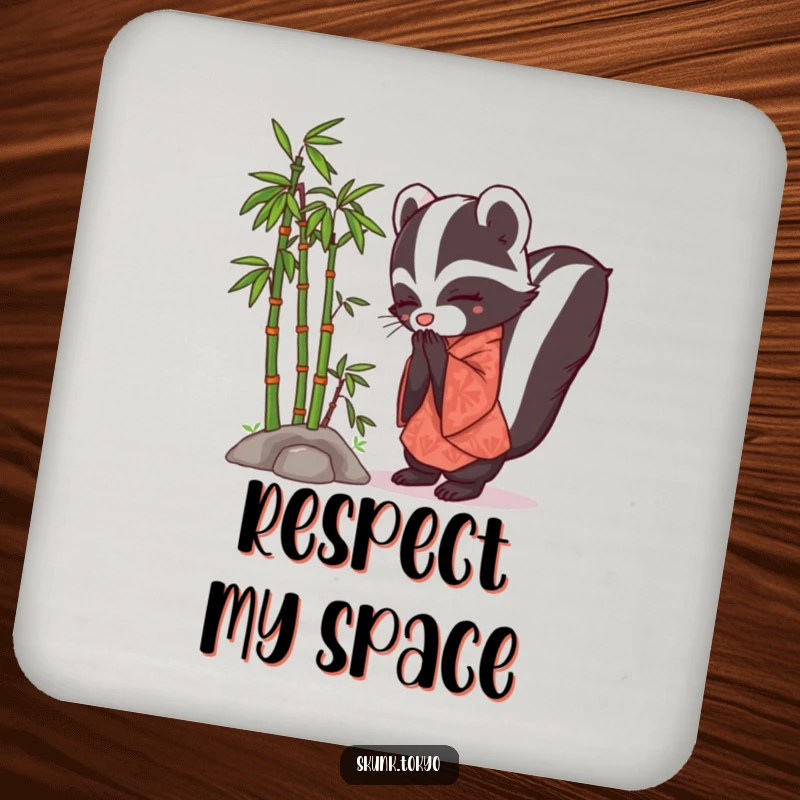 Funny Skunk Kimono Coaster with a polite skunk in a kimono bowing beside a miniature bamboo grove.