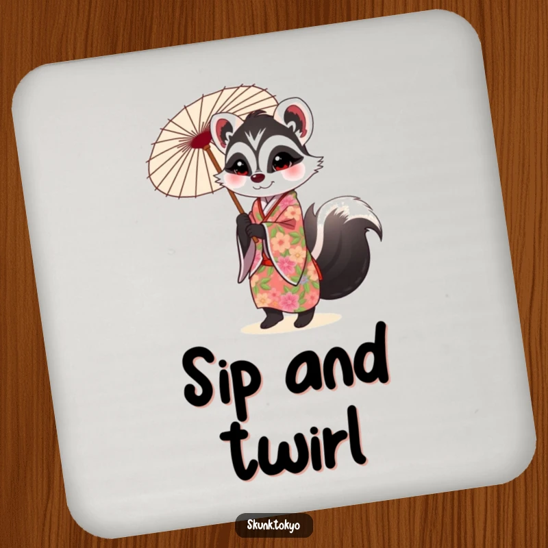 Funny Skunk Coaster: A skunk in a floral kimono twirls a parasol, adding chic humor to drinks.