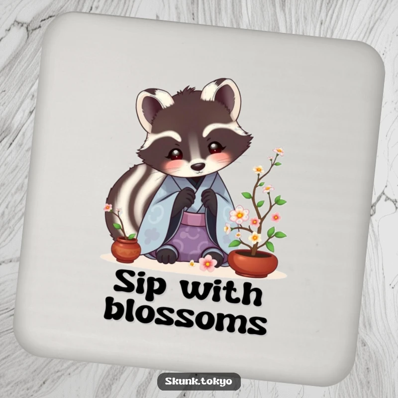 Funny Skunk Ikebana Coaster showing a skunk in a kimono meticulously arranging tiny flowers, a humorous decorative piece.