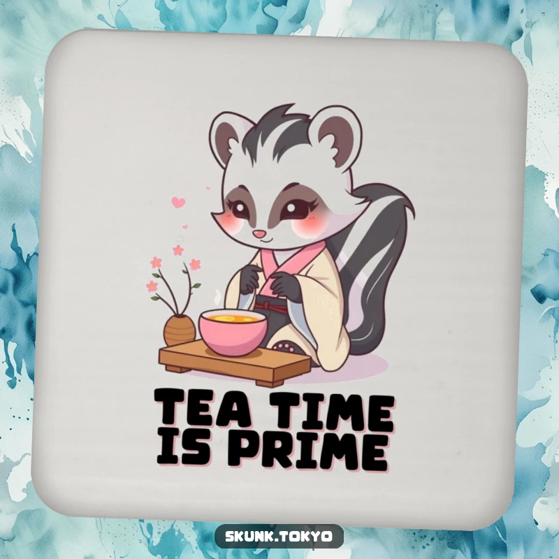 Funny kawaii skunk drink coaster, in a formal kimono, performing a delicate tea ceremony, a chic and humorous accessory.