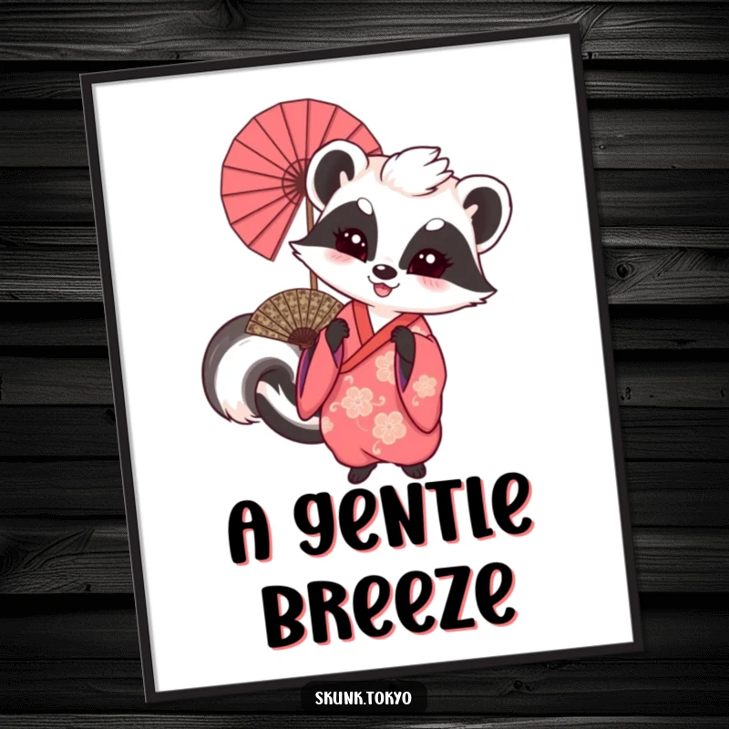 Funny poster art depicting a skunk in a traditional kimono, energetically waving a large, ornate fan.
