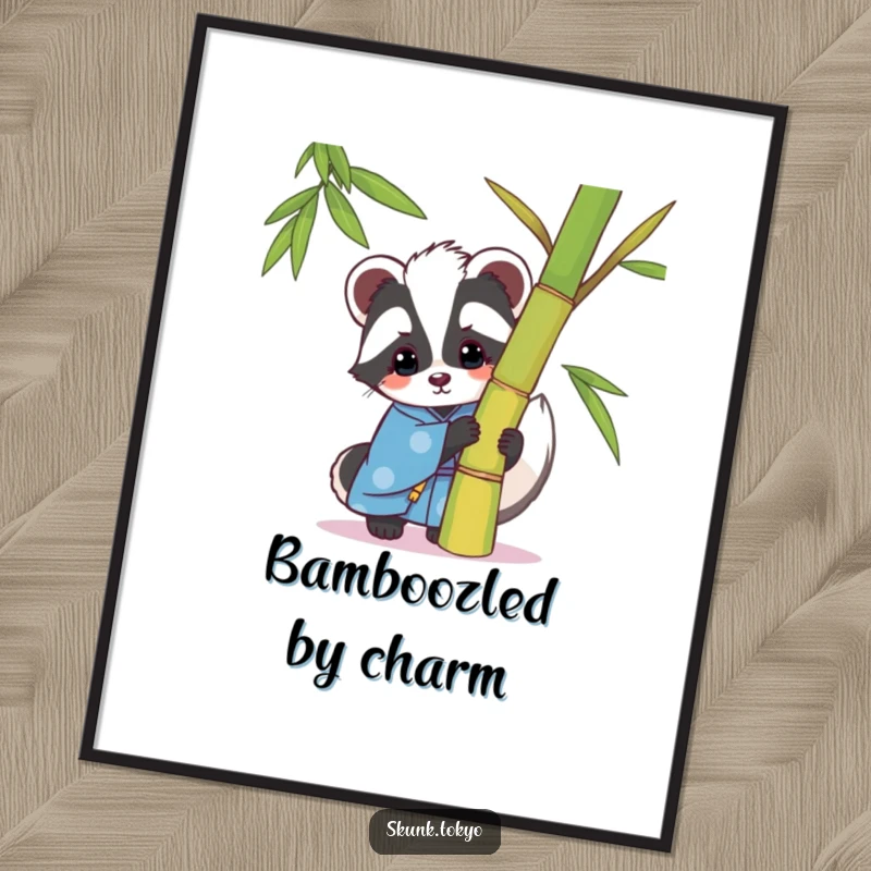 Funny kawaii skunk poster, wearing a blue kimono, playfully peeking from behind bamboo, whimsical and humorous wall art.