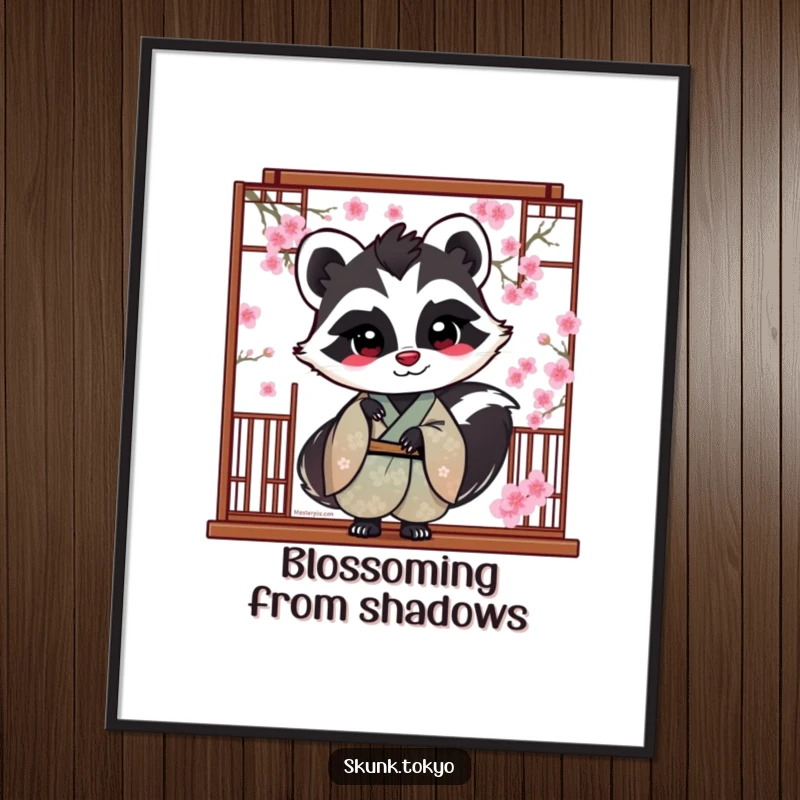 Funny Skunk Poster: A skunk in a silk kimono playfully peeks from behind a cherry blossom scene, creating charming wall art.