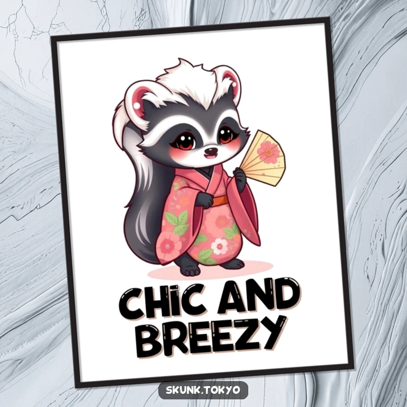 Funny kawaii skunk poster, wearing a vibrant floral kimono and gracefully holding a fan, elegant and humorous wall art.