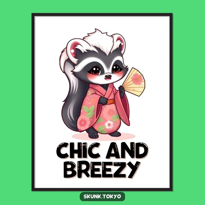 Funny Kawaii Skunk Poster: Floral Kimono Art, Elegant & Humorous Wall Decor