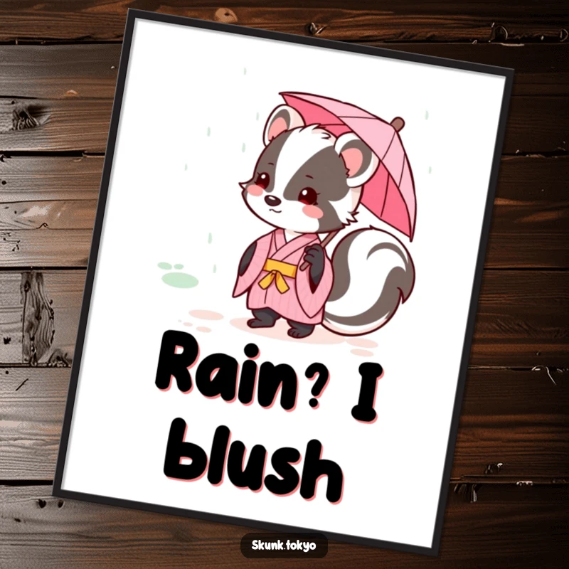 Funny kawaii skunk in a pink kimono, holding a tiny umbrella, gentle rain falling, charming wall art poster.