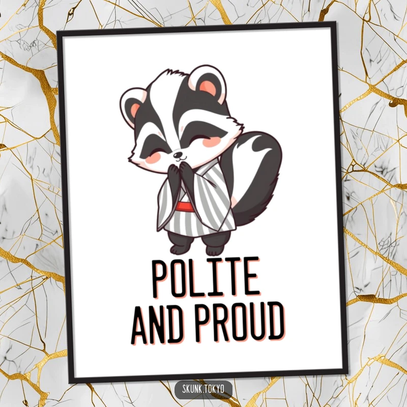 Funny kawaii skunk poster, wearing a striped kimono, bowing politely with a smile, heartwarming and humorous wall art.