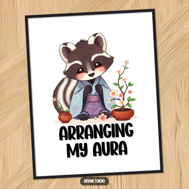 Funny Skunk Ikebana Poster featuring a skunk in a kimono meticulously arranging tiny flowers, a humorous piece of art.
