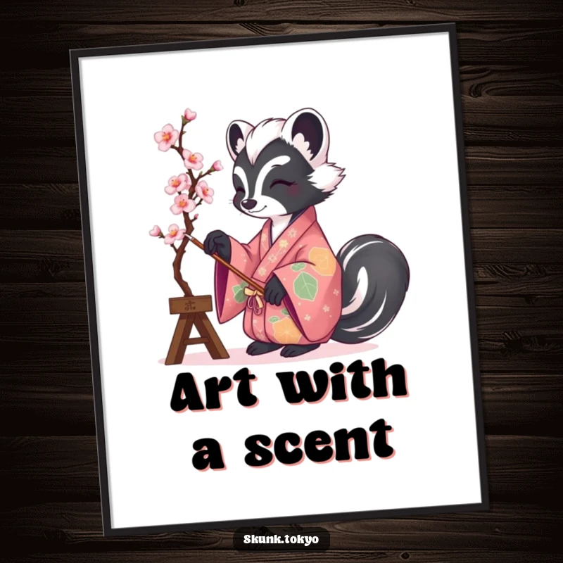 Funny poster art depicting a skunk in a colorful kimono, gracefully painting a delicate cherry blossom branch.