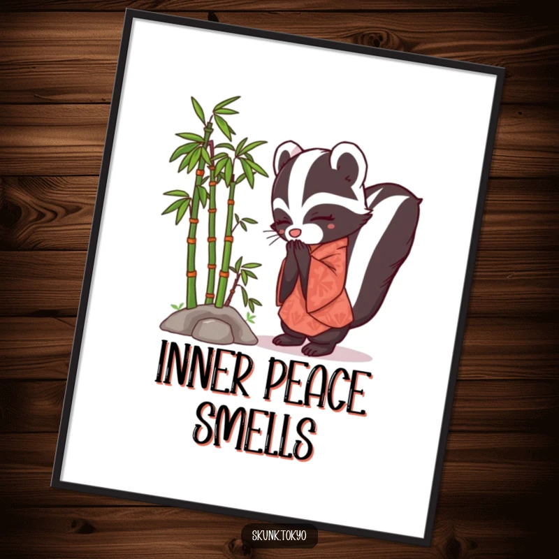 Funny Skunk Kimono Poster illustrating a skunk in a kimono bowing gracefully beside a small bamboo grove.