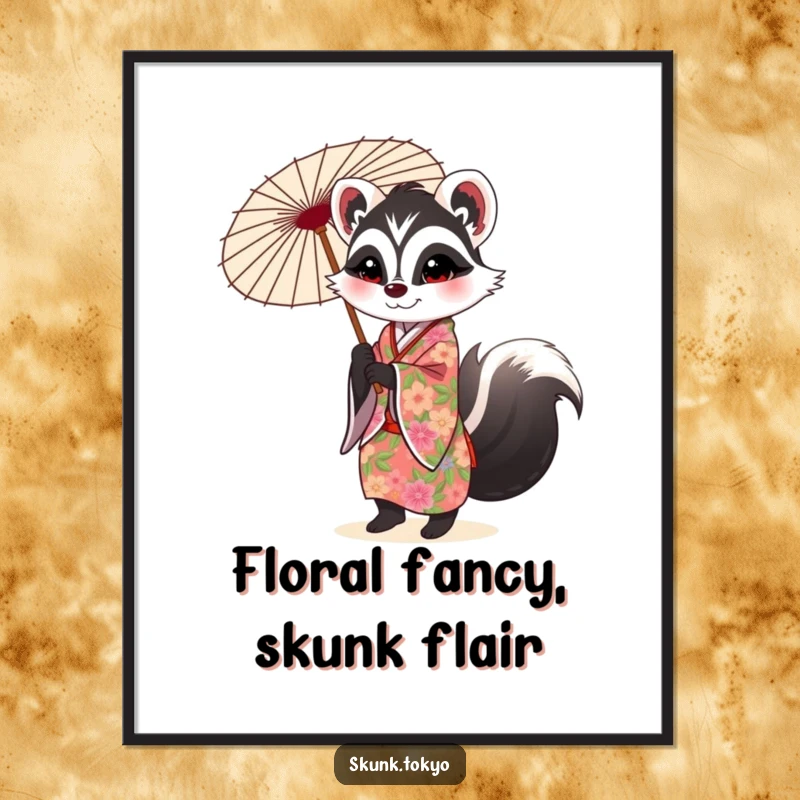 Funny Skunk Poster: An elegant skunk in a floral kimono twirls a decorated parasol, creating a beautiful and humorous artwork.