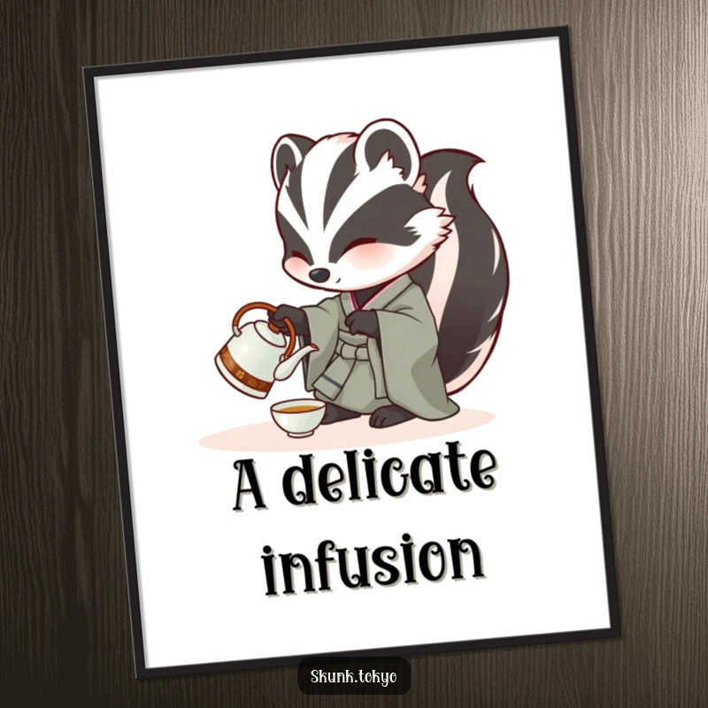 Funny Skunk Poster: A skunk in a kimono meticulously pours tea from a miniature kettle, creating a serene and humorous artwork.