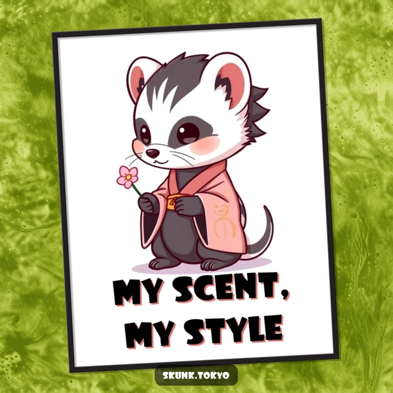 Funny skunk wearing a kimono, extending a small flower, a humorous and artistic wall poster that evokes gentle amusement.