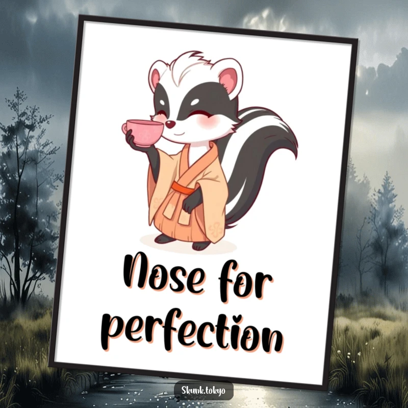 Funny poster art depicting a skunk in an elegant kimono, perfectly balancing a tea cup on its nose.